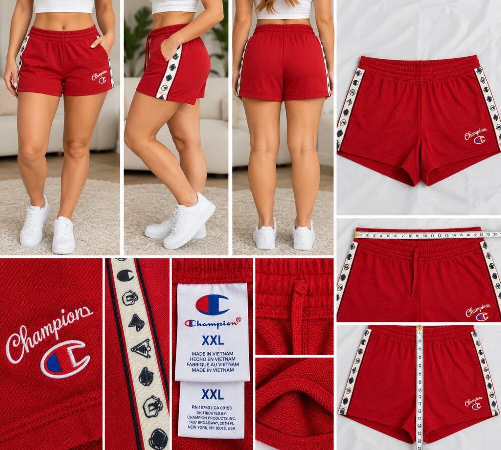 Champion Women's Red Athletic Shorts XXL Logo Side Tape Elastic Waist NWT